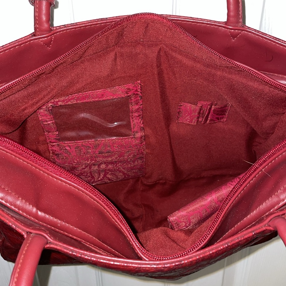 BUENO Red Tooled leather Tote Bag with Front and Back Full Pockets - Picture 8 of 10